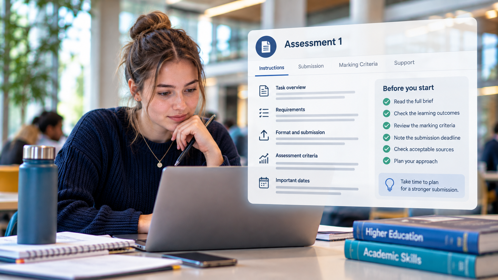 A student checking assessment instructions before starting.