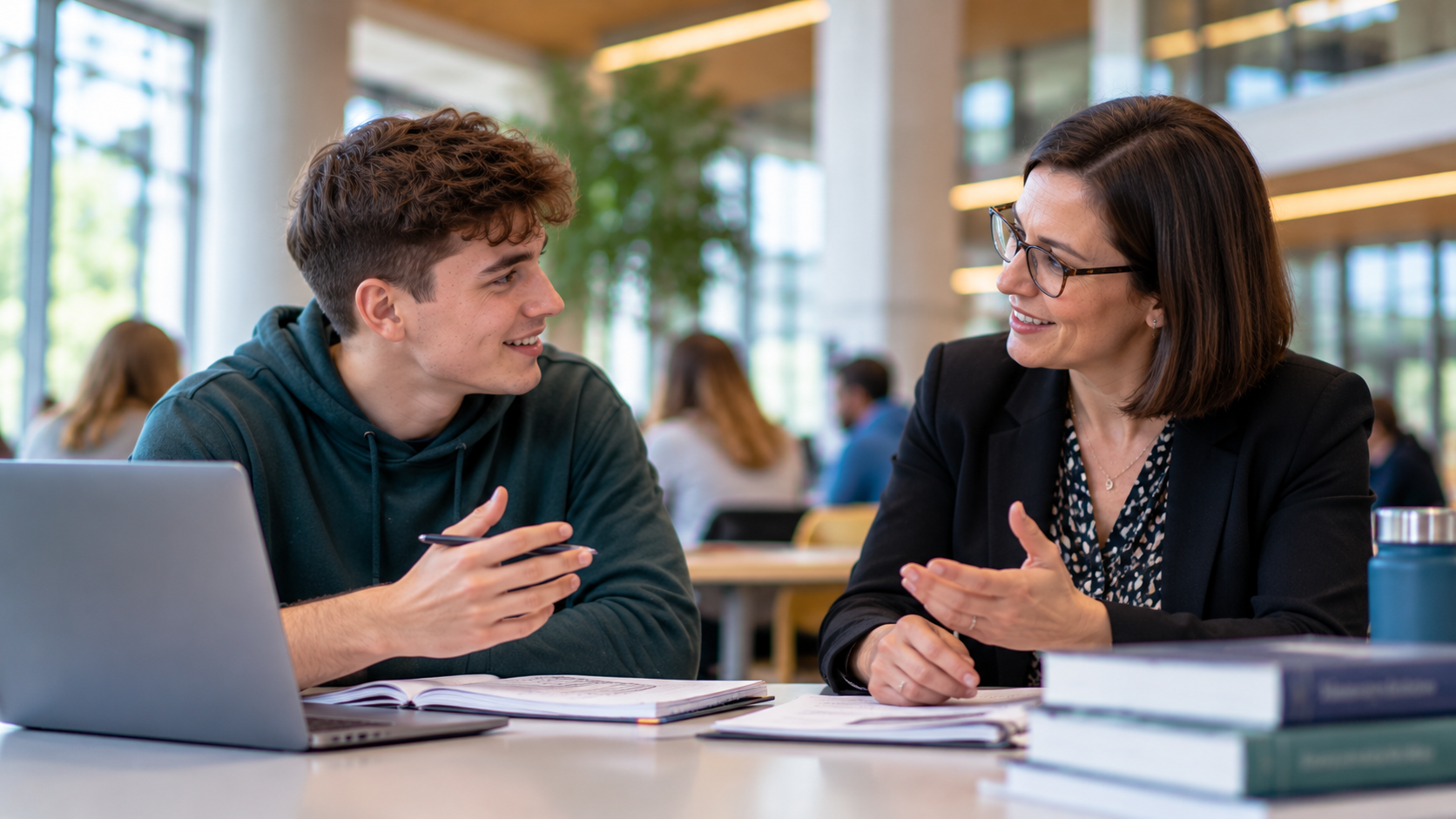 A student discussing their work with a lecturer.