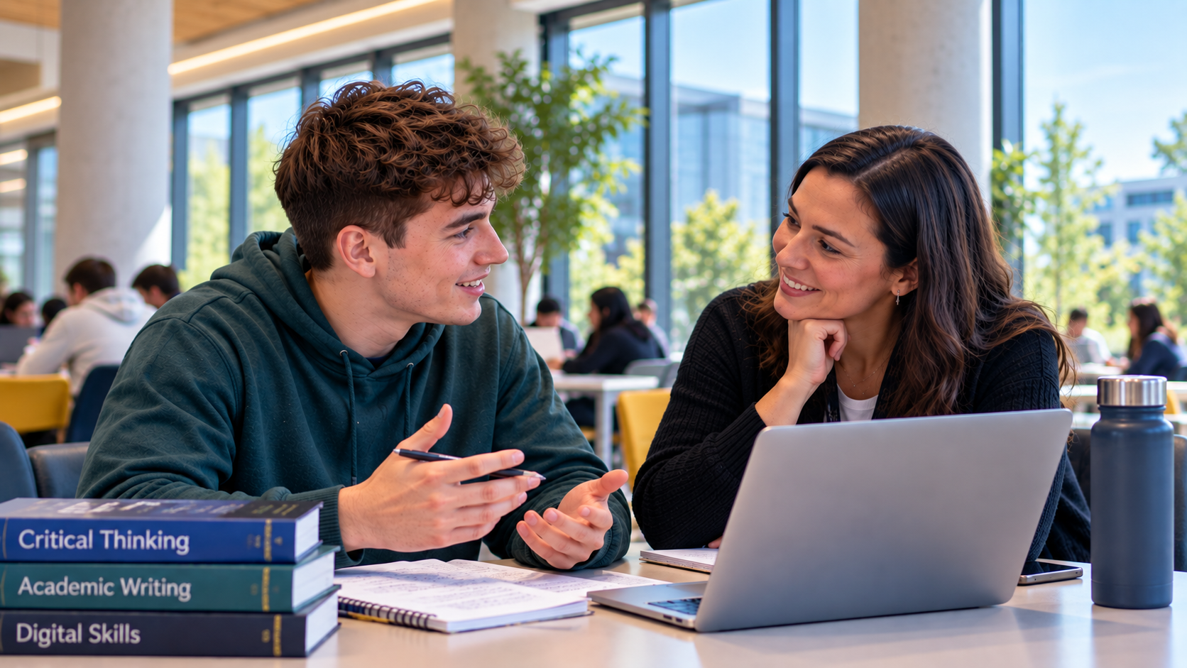 A student talking with another person — human support.